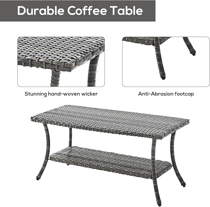 Patio Tables Outdoor Coffee Table - Wicker Rattan Coffee Tables with 2-Tier Storage Shelf Side Table for Porch Deck Balcony Garden Outside Rectangle Mixed Grey
