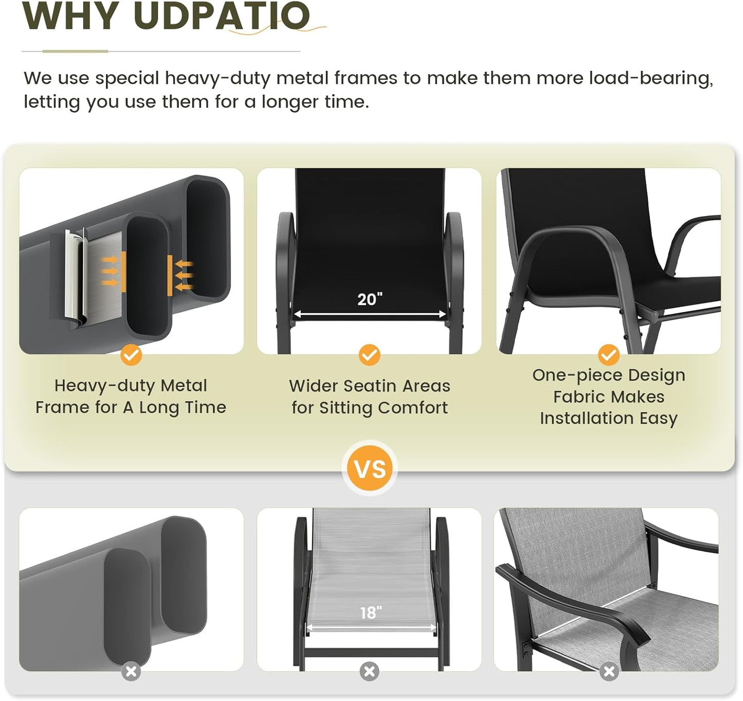 UDPATIO Patio Chairs Set of 4, Stackable Outdoor Dining Chairs with High Back, Breathable Textilene Fabric Outdoor Chair All Weather, 350LBS Capacity for Garden, Backyard (Black)