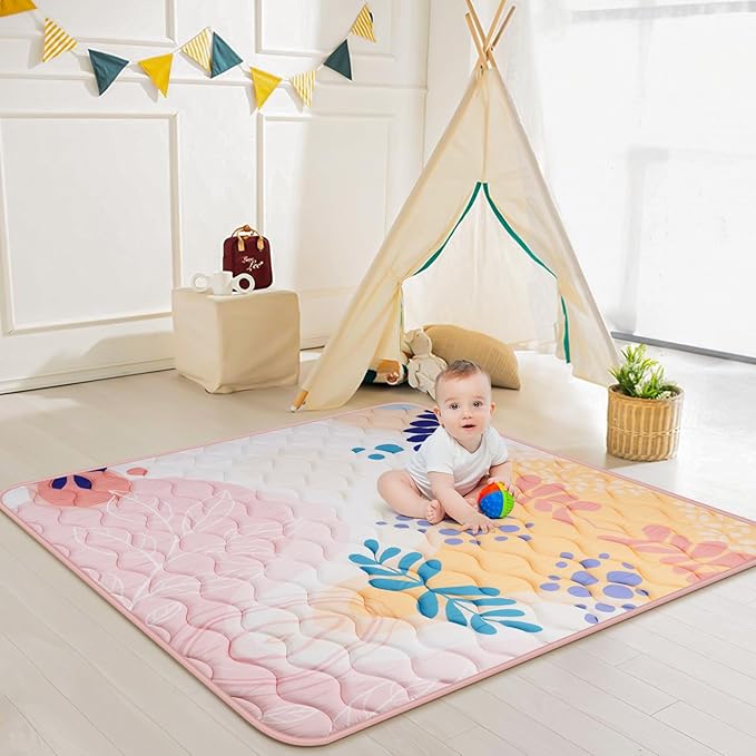 Baby Play Mat for Floor 50'' x 50'', Thicken Soft Padding Playmats for Playpen, Non Slip Baby Crawling Mat Foldable, Easy Care Machine Washable, Pink