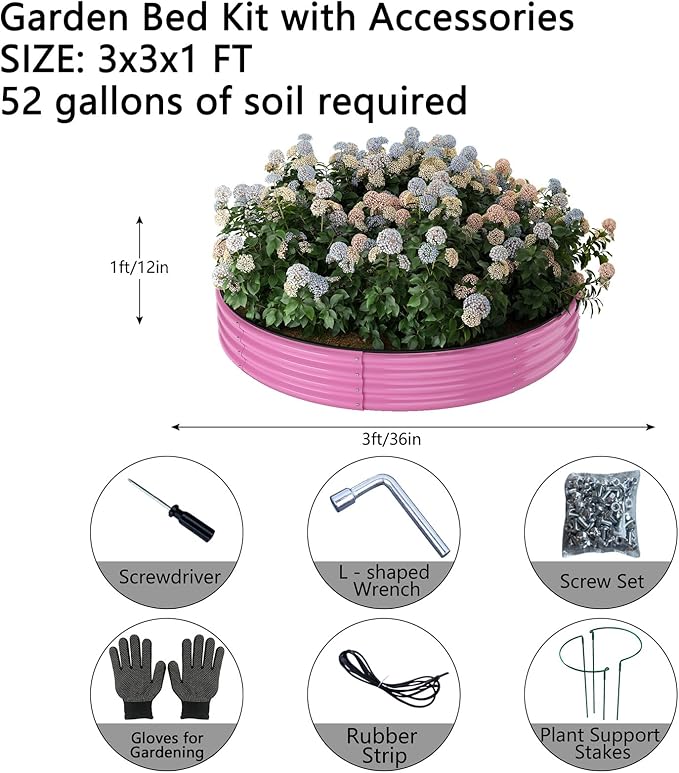 Galvanized Metal Planter Round Raised Garden Bed Kit for Gardening Outdoor,3x3x1ft Grow Garden Box Raised Flower Bed,Round Galvanized Planter Outdoor Large Metal Fire Pit Ring