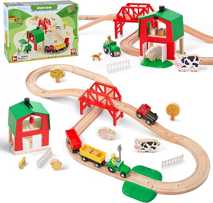 Giant bean 42PCS Wooden Farm Train Set for Toddler, Battery Operated Train Railway Track with Bridge, Barn, Animals,Tractor Cargo, Compatible with Most Brand,Toy Gift for Kids Boys Girls Age 3-8