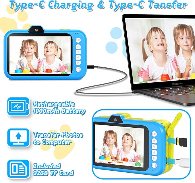 Kids Camera with Rotating Zoom Lens, 3.5” Large Screen, 1080P Kids Digital Camera with Flash,Selfie, 32GB Card, Toddler Toy Camera Christmas Birthday Gifts for Boys Girls 3-12 Years Old-Blue