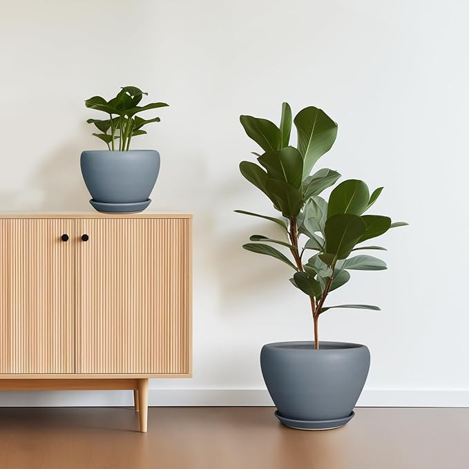 Ceramic Plant Pots - Large Planters for Indoor Plants 10 Inch 8 Inch 6 Inch Plant Pots with Drainage Holes and Saucer Fluted Round Flower Pots Outdoor Set of 3 Gray