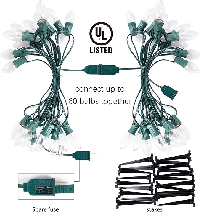 C9 Christmas Lights Outdoor, 2 Packs Total 51.4 Ft 40 Bulbs Christmas Pathway Lights, Waterproof Walkway Lights for Outside Driveway Sidewalk Outdoor Christmas Decorations Yard, Clear