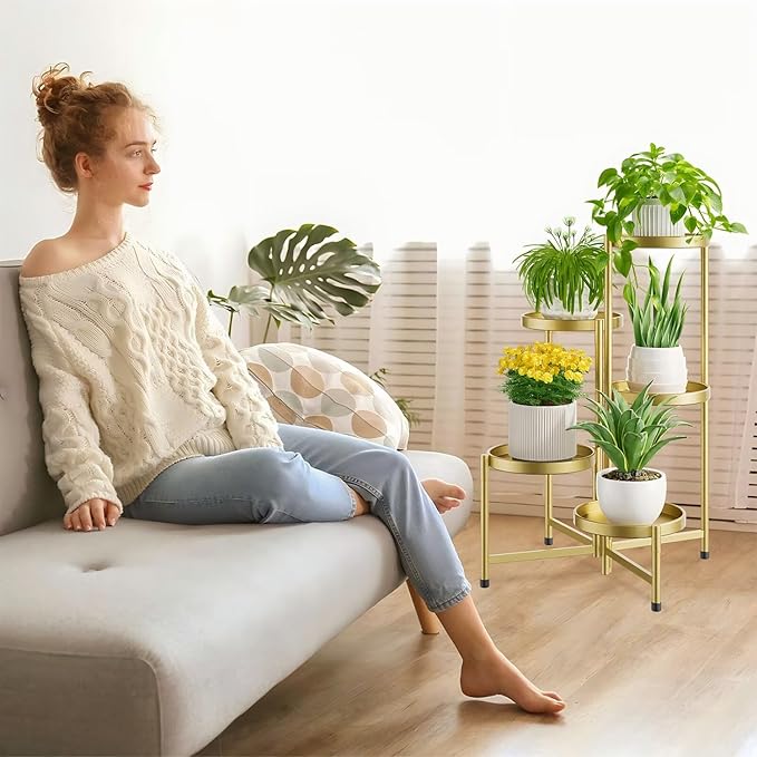 iDavosic.ly 5 Tier Large Plant Stand Indoor, 10 Inch Wide Tall Corner Metal Plant Stands Outdoor for Multiple Plants, Folding Tiered Flower Display Holder Rack Shelf, Gold