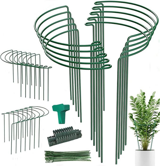 24 Pack Plant Support Stake, Half Round Metal Garden Plant Stake, Green Plant Support Ring, Border Support with Plant Lables & Plant Clips for Outdoor Indoor Plants, Vegetable, Flowers