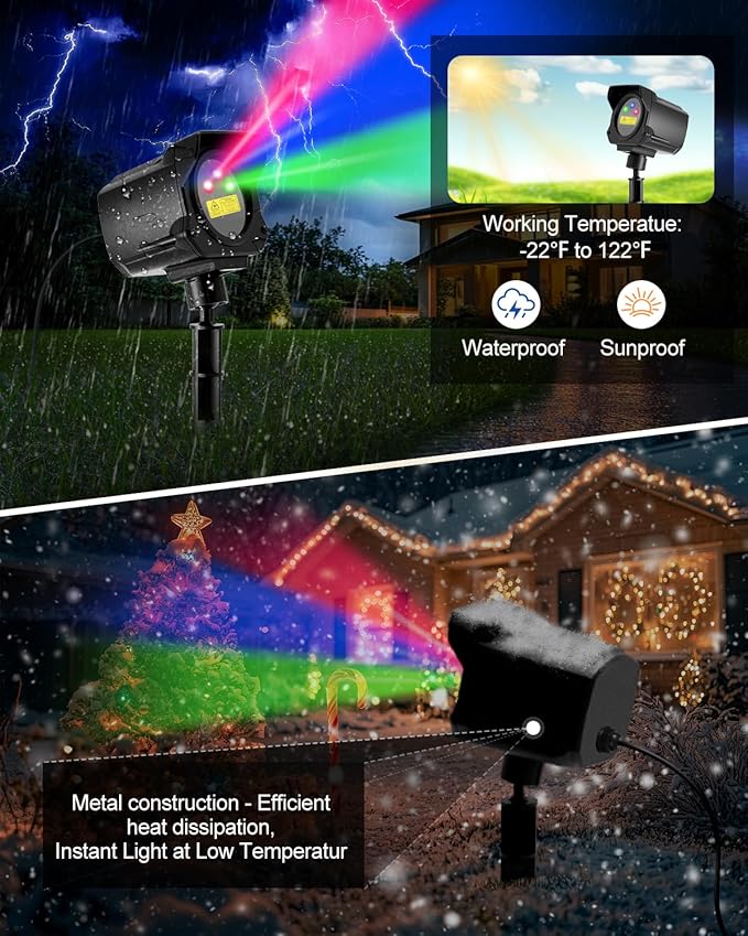Laser Christmas Projector Lights Outdoor, Christmas Decorations Stars Light Show, Efficient Heat Dissipation, Waterproof, Holiday Projector Decorations for House/Garden/Party/Wedding (Black)