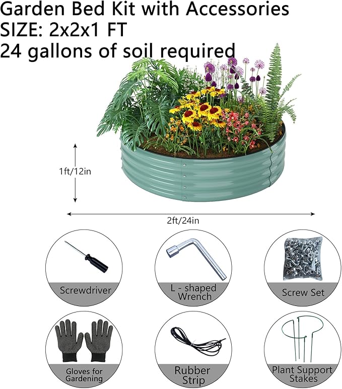 Galvanized Metal Planter Round Raised Garden Bed Kit for Gardening Outdoor,2x2x1ft Grow Garden Box Raised Flower Bed,Round Galvanized Planter Outdoor Metal Fire Pit Ring