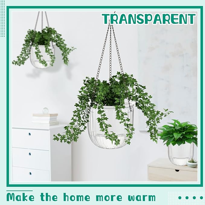 Meanplan 4 Pcs Self Watering Hanging Planter Indoor 6.5 Inch Hanging Baskets for Plants Outdoor Plastic Flower Pot with 3 Hooks Chains Drainage Holes for Garden Home, Medium Size(Clear)