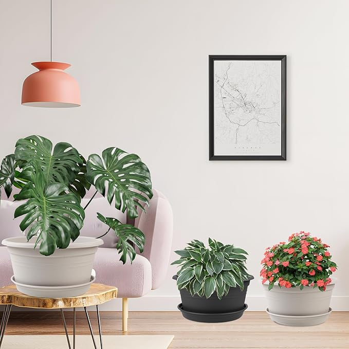 Large Flower Pots Set of 4 Pack 13 inch, Plant Pots Large Outdoor Planters with Drainage Hole & Tray Saucer, Decoration Plastic Pots for Plants for Indoor Outdoor Garden Home Plants Planter (Grey)