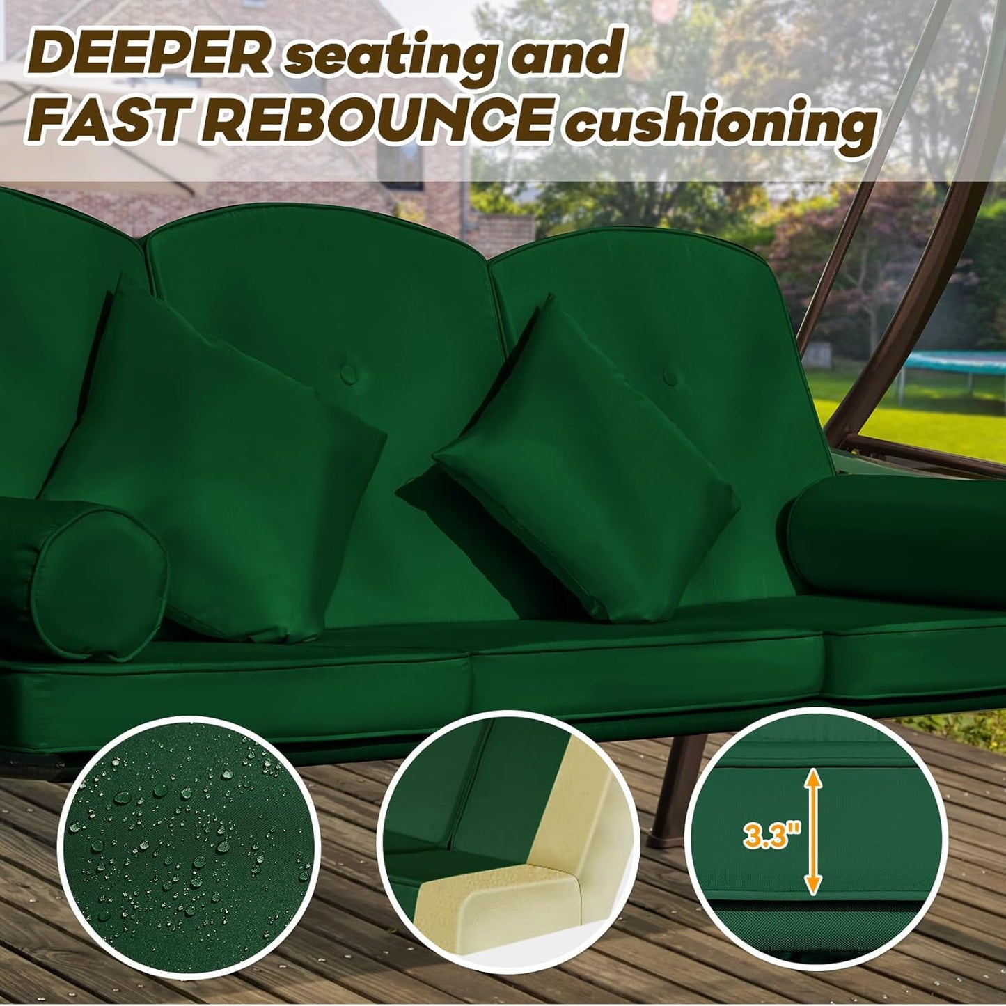 3 in 1 Outdoor Porch Swing with Adjustable Canopy, 3 Seat Outdoor Swing for Adults, Patio Swing Chair with Thickened Cushions,Pillows & Cup Holders for Backyard, Porch, Garden (Green)