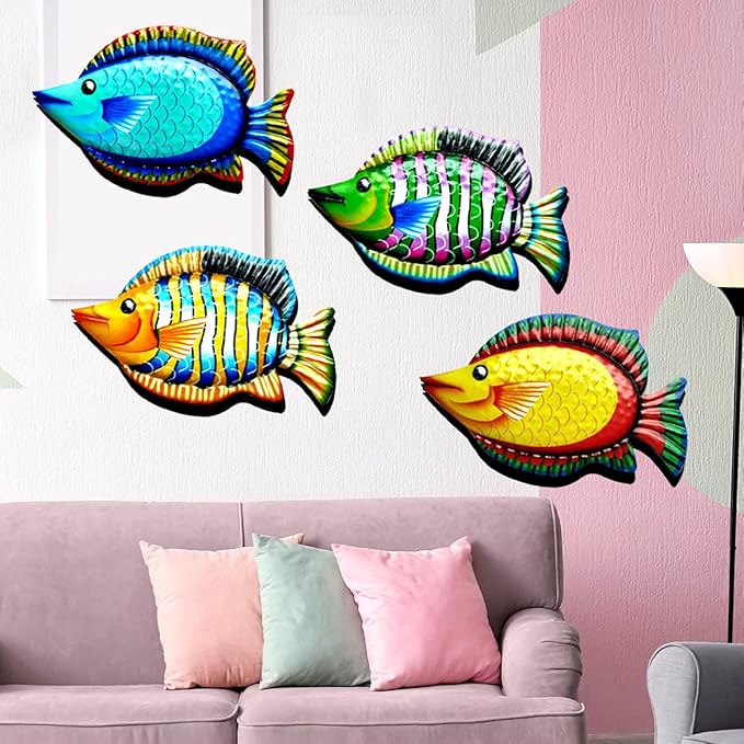 HHgrowe 11.8 Inches Hand-Painted Metal Fish Art Wall Decor Coastal Ocean Sea Hanging Decorations Garden Pool Decor Set of 4 Colorful Outdoor or Indoor Wall Sculptures …