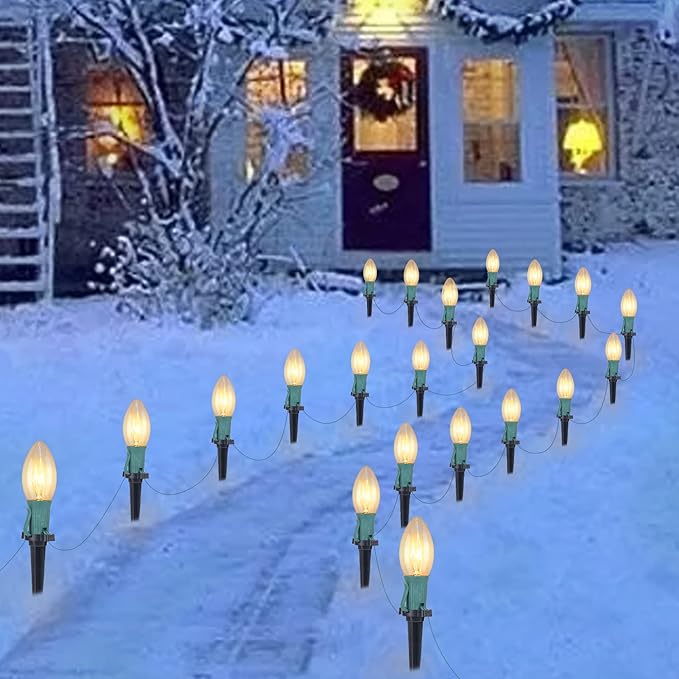 C9 Christmas Lights Outdoor, 4 Packs Total 102.8 Ft 80 Bulbs Christmas Pathway Lights, Waterproof Walkway Lights for Outside Driveway Sidewalk Outdoor Christmas Decorations Yard, Clear