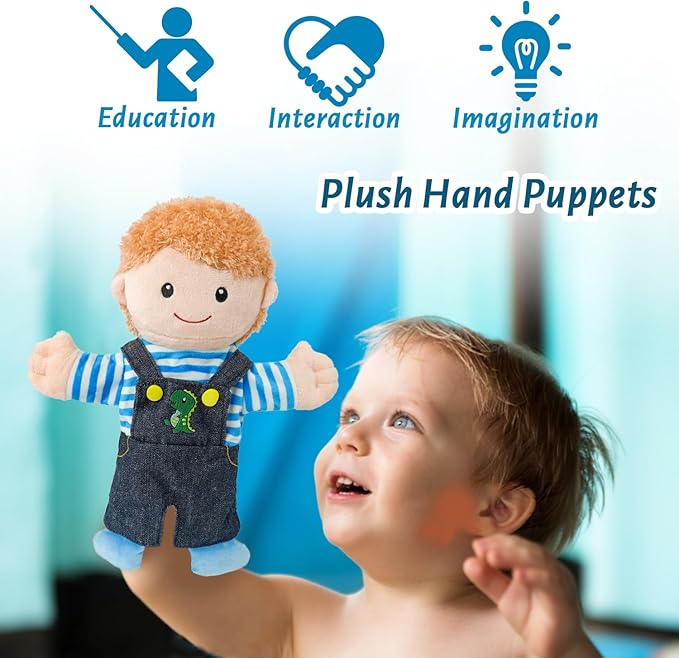 6 Pcs Family Hand Puppets for Kids 11.8 Inch Family Members Puppet Set Mom, Dad, Grandparents, Happy Kids Soft Stuffed Hand Puppet Theater Plush Toys for Toddlers Ages 1-3, 4-8 Role Play