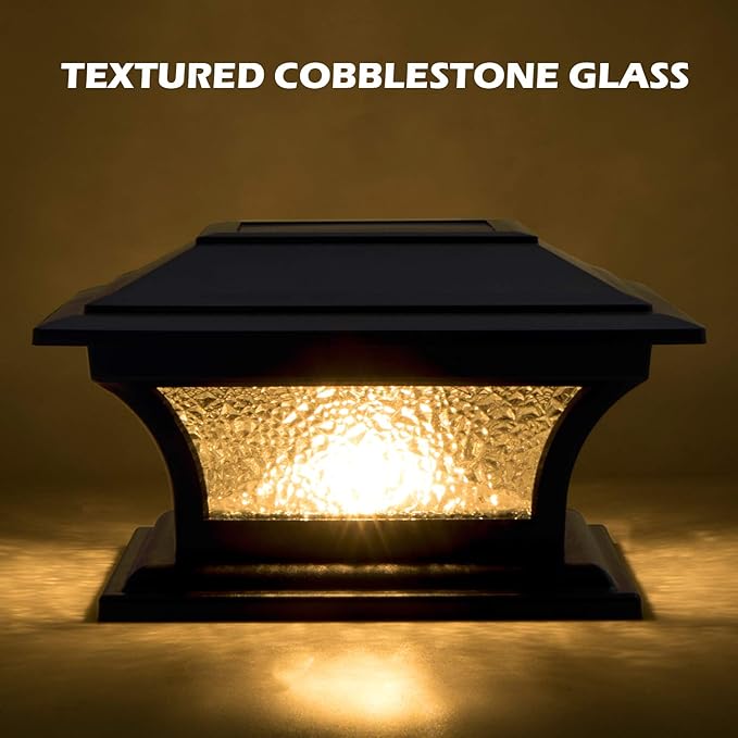 SIEDiNLAR Solar Post Lights Outdoor Glass LED Fence Cap Light 2 Modes for 4x4 5x5 6x6 Posts Deck Patio Garden Decoration Warm White/Cool White Lighting Black (2 Pack)