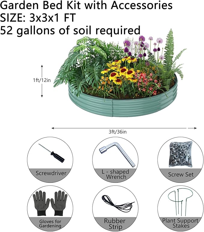 Galvanized Metal Planter Round Raised Garden Bed Kit for Gardening Outdoor,3x3x1ft Grow Garden Box Raised Flower Bed,Round Galvanized Planter Outdoor Large Metal Fire Pit Ring