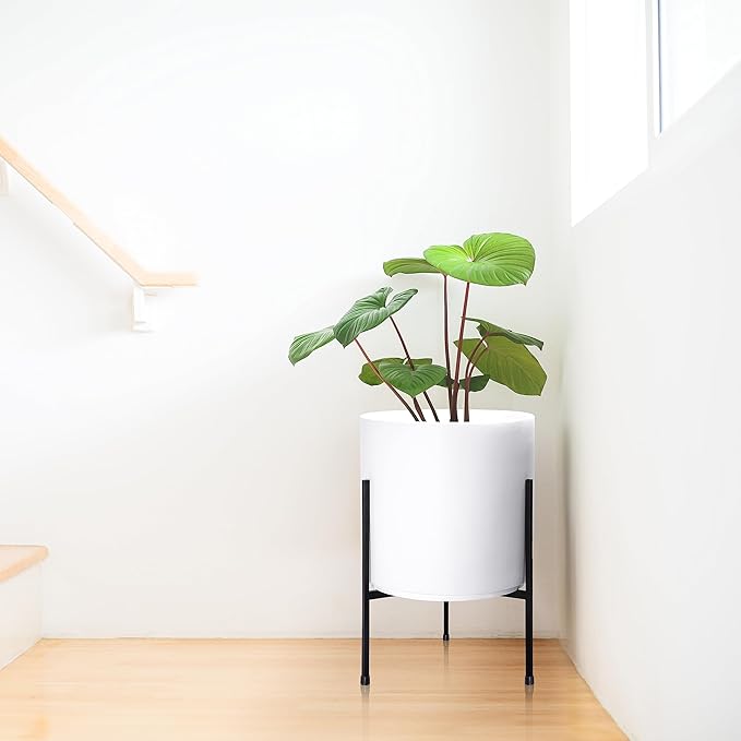 D'vine Dev Modern White Plants Pot Cylinder Planter with Heavy Duty Stand, Medium 10 Inch Pot, 16.3 Inch with Stand Height, 96-T-A-2