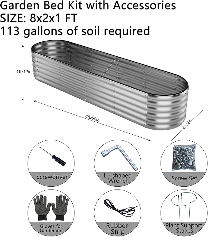 Large Raised Garden Bed Galvanized Metal Round Raised Garden Bed Outdoor for Gardening,8x2x1FT for Vegetables Flowers Ground Planter Box