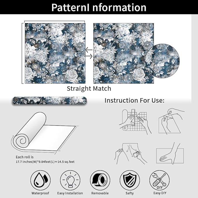 Vintage Garden Peel & Stick Floral Wallpaper - Removable White/Blue Vinyl Self Adhesive Mural - 17.7in x 9.84ft