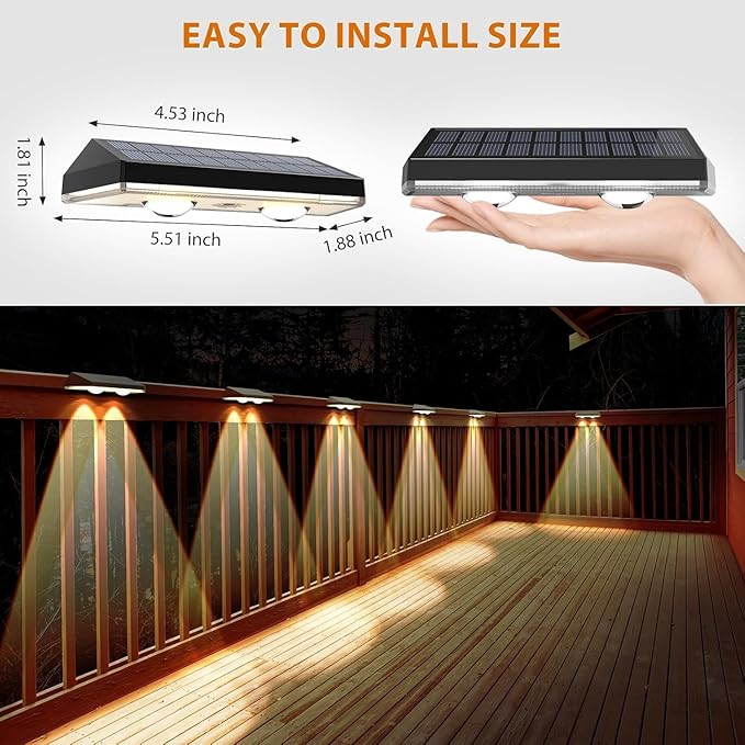 Solar Fence Lights,RGB & Warm White & 6 Colors Bright Lens LED Dusk to Dawn Deck Light Outdoor Waterproof, Solar Outdoor Lights for Backyard/Railing/Wall/Step/Patio/Pool (8Pack)