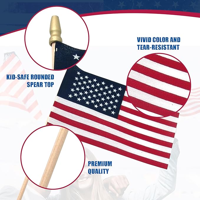 Super Tough 4"x6" Cotton US Stick Flag with Spear Tip - USA-Made Hand Held American Ensign for Parades, Holidays, and Events - Durable Cotton Fabric - Ideal for Patriotic Celebrations -100 Pack