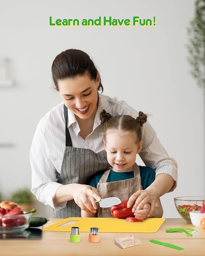 Kids Kitchen Knife Set, 11 Pcs Montessori Kitchen Tools for Toddlers' Real Cooking, Include Kid Knives, Crinkle Cutter, Sandwich Cutters, Peeler, Cutting Board for Birthday
