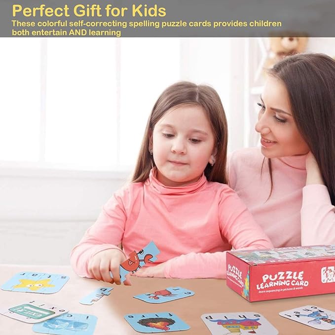 80 Words Self-Correcting Spelling Puzzles, Double-Sided Three and Four Letter Words with Matching Images, Perfect for Preschool Learning