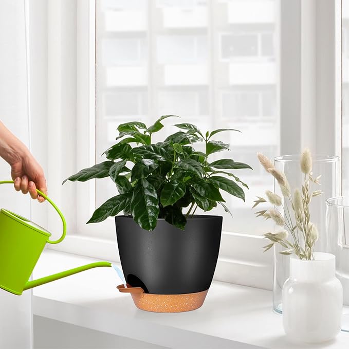 GARDIFE Plant Pots Set of 2 Pack 8 inch,Planters for Indoor Plants with Drainage Holes, Modern Decorative Flower Pots for All House Plants, Flowers, Black&Brown