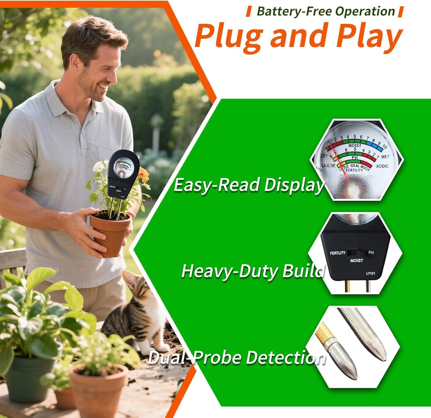 Soil Test Kit, ph Soil Tester for Garden Soil - 3-in-1 Digital Soil Moisture Meter, Soil pH Meter & Fertility Soil Tester for Indoor & Outdoor Garden, Farm, Patio, Lawn,Black