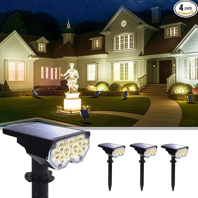 4 Pack Solar Powered Outdoor Spot Lights Outside Waterproof 20 LEDs Landscape Spotlights Dusk to Dawn for House Yard Tree, Plants, Walls, Path, Garden, Statues, Superior Accent Lamp Warm White