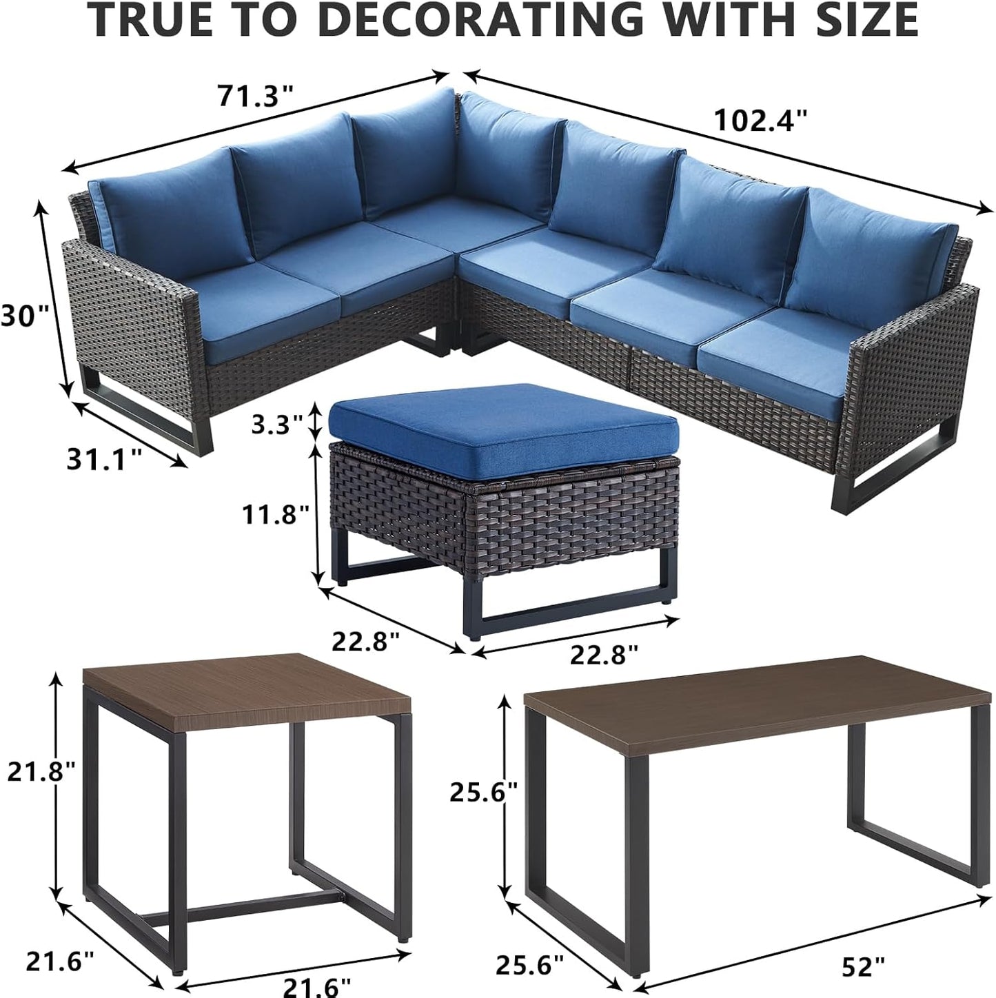 HUMMUH 10 Piece Patio Furniture Set PE Wicker 3 Outdoor Sectional Sofa Set with Patio Swivel Chairs Dinning Table Ottomans for Porch,Garden,Backyard,Deck(Brown/Blue)