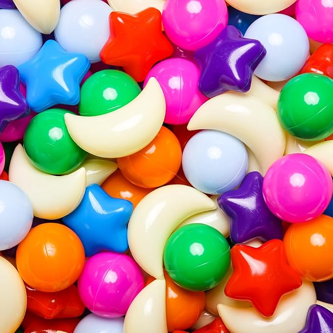 GOGOSO Ball Pit Balls Stars Moon Shapes Plastic Pitballs for Toddler Play Tent Baby Photo Props Kids Pool Water Toys Kiddie Pool Party Decor, Bright Mix 8 Colors,100PCS