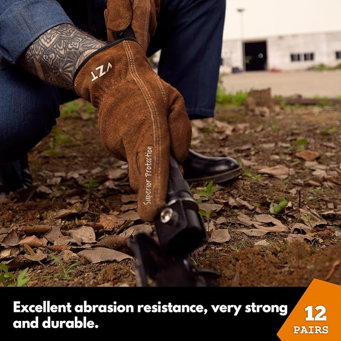 12 Pairs Bulk Leather Work Gloves for Men or Women for Gardening, Construction, Truck, Driving, Farm, Ranch, Woodworker, Soft, Cowhide Thickened, Water Resistant, Brown, XLarge