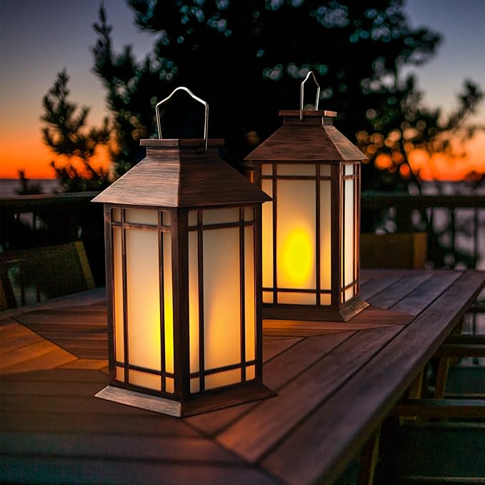 2-Pack 13" Vintage Candle Lantern with Led Flameless Candle (6hr Timer) - IP65 Waterproof Battery Powered - Outdoor Patio Hanging Lanterns Decorative Tabletop Lanterns