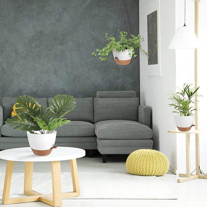 Hanging Planters for Indoor Outdoor Plants, 2 Pack Self Watering Hanging Pot with Drainage Holes & Removable Tray (White, 8'')