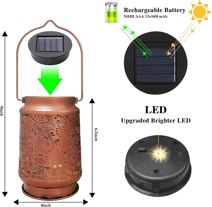 Solar Lanterns Outdoor Waterproof - Metal Hanging Solar Lights for Patio Yard Garden Decor, Christmas Birthday Gifts for Women Mom Men (2 Pack, Mushroom Shape)