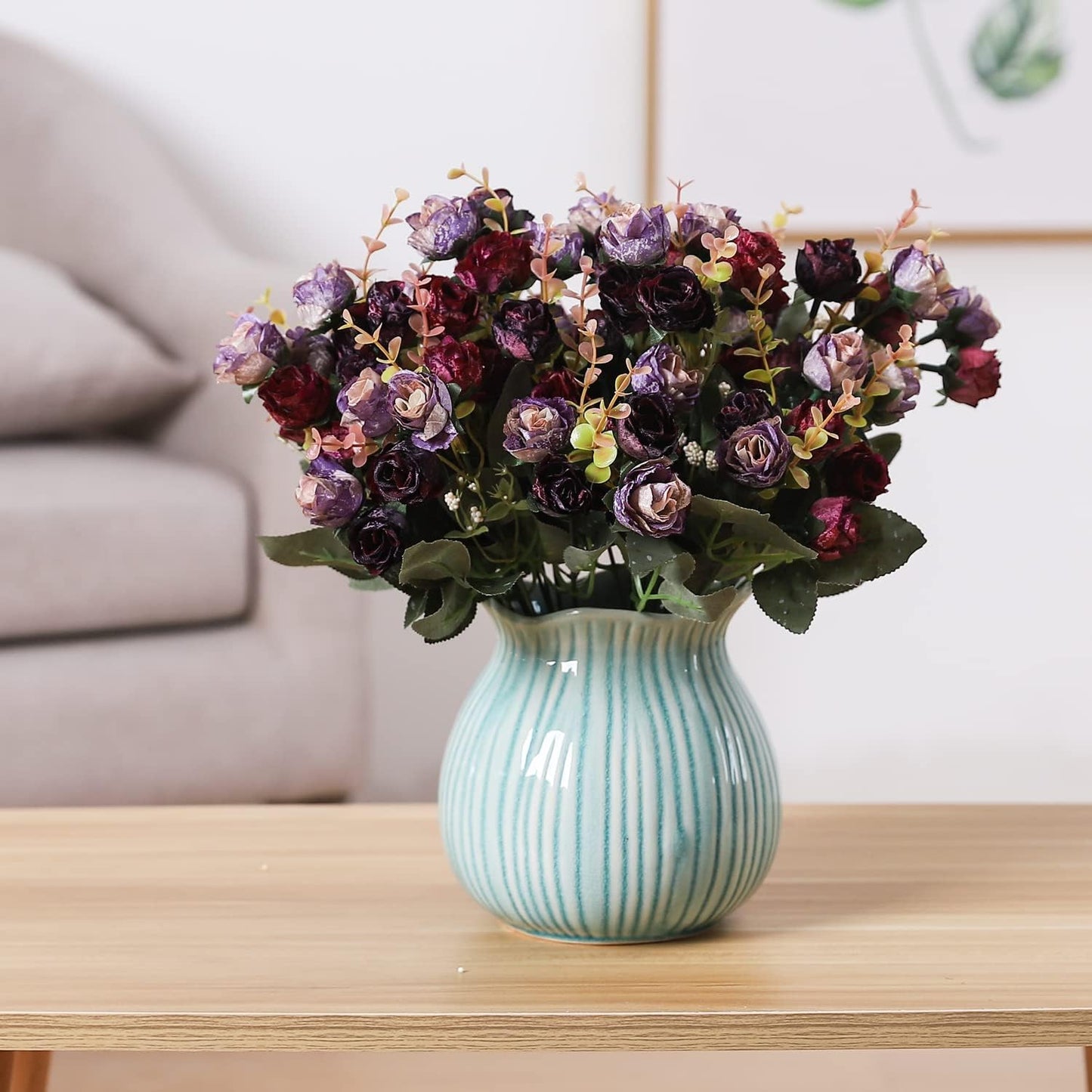 Duovlo 7 Branch 21 Mini Rose Heads Artificial Flowers Bouquet Wedding Home Office Decor,Pack of 2 (2 PCS Purple)