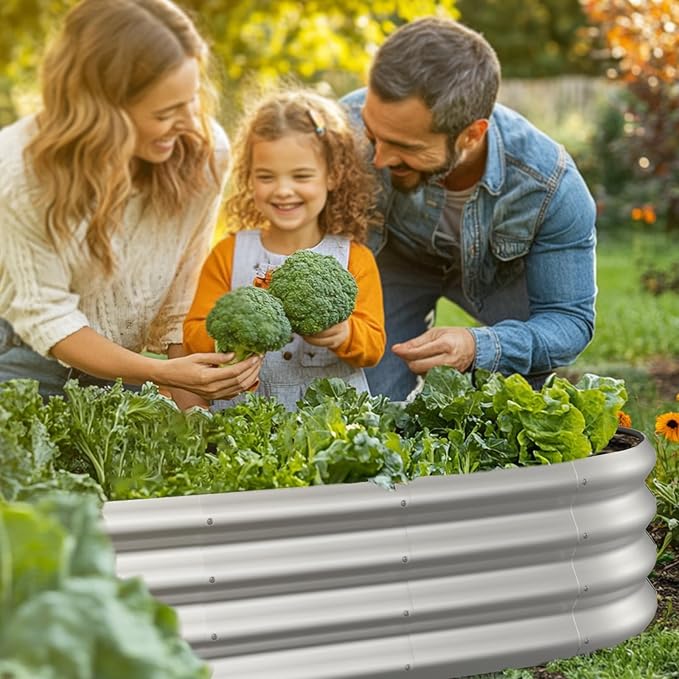 4x2x1ft Oval Galvanized Raised Garden Bed Outdoor 9-in-1 Large Metal Modular Planter Box Raised Beds for Gardening,Vegetables,Fruits,Flowers & Herbs (Silver)