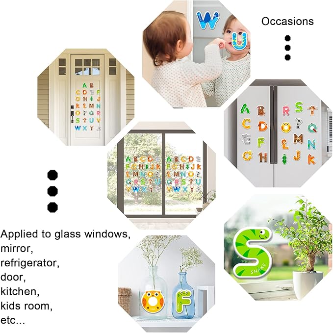 Whaline 52Pcs Alphabet Letters Thick Gel Clings Cute Animals Alphabet ABC Window Gel Decals Colorful Uppercase Animals Stickers for Toddlers Educational Spelling Learning Home Classroom Nursery Decor