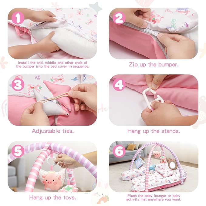Pink Baby Play Mat, 7-in-1 Tummy Time Activity Gym Mat for Sensory and Motor Development, Washable Baby Lounger, Portable Newborn Nest for Home & Travel, Babies Gift for Infant 0-3-6-9-12-18 Months