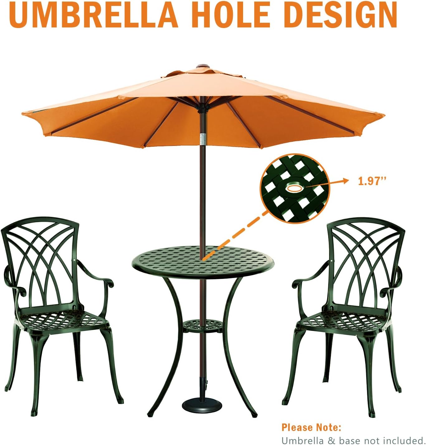 Patio Bistro Set 3 Piece, Cast Aluminum Bistro Set for 2 w/Umbrella Hole, Outdoor Table and Chairs Set of 2, Bistro Set for Balcony/Backyard/Garden, Green