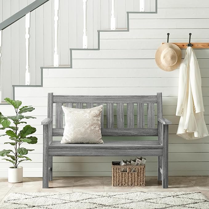 Outdoor Bench, 2-Person Garden Bench, Poly Lumber Patio Bench for Outdoors, Porch, and Park (Light Grey)