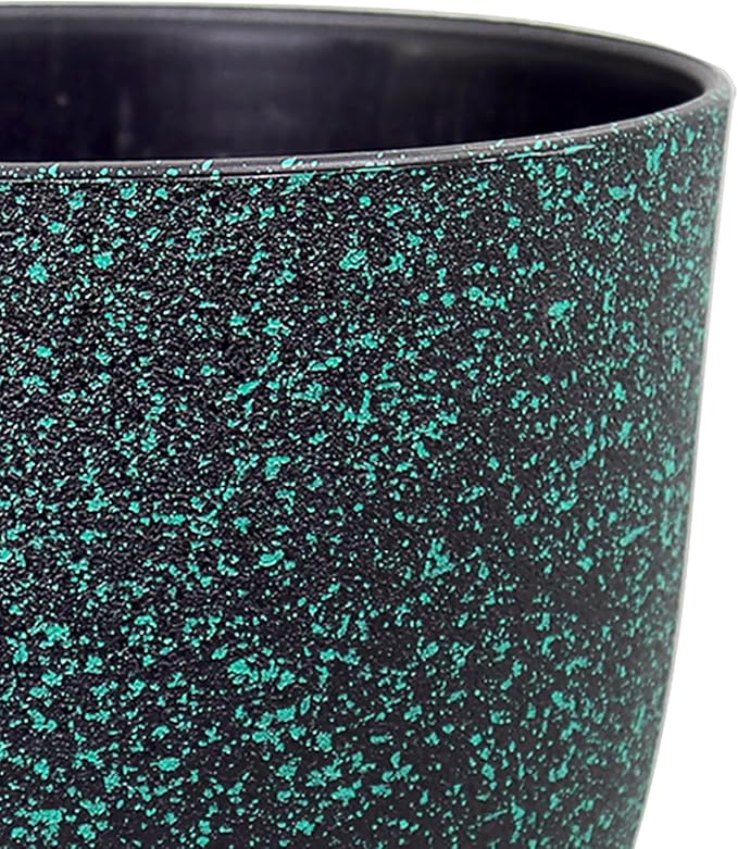 Plant Pots 9/8/7.5inch, Set of 3 Modern Decorative Plastic Planters with Drainage Holes and Saucer for Garden House Plants, Flower Pots for Indoor Outdoor Plants, Black with Green Speckles