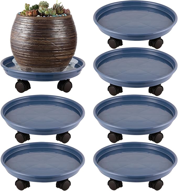 6 Packs Plastic Plant Caddy with Wheels 12" Plastic Rolling Plant Stands Heavy-duty Plant Dolly with Casters Indoor and Outdoor Plant Roller Base Wheels, Blue