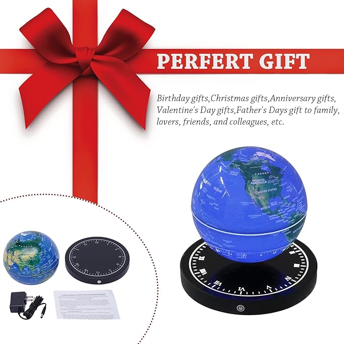 6" Magnetic Levitation Floating Globe Anti Gravity Rotating World Map with LED Light 7 Colors Display Floating Globe for Children Educational Gift Home Office Desk Decor (Blue-Clock Base)
