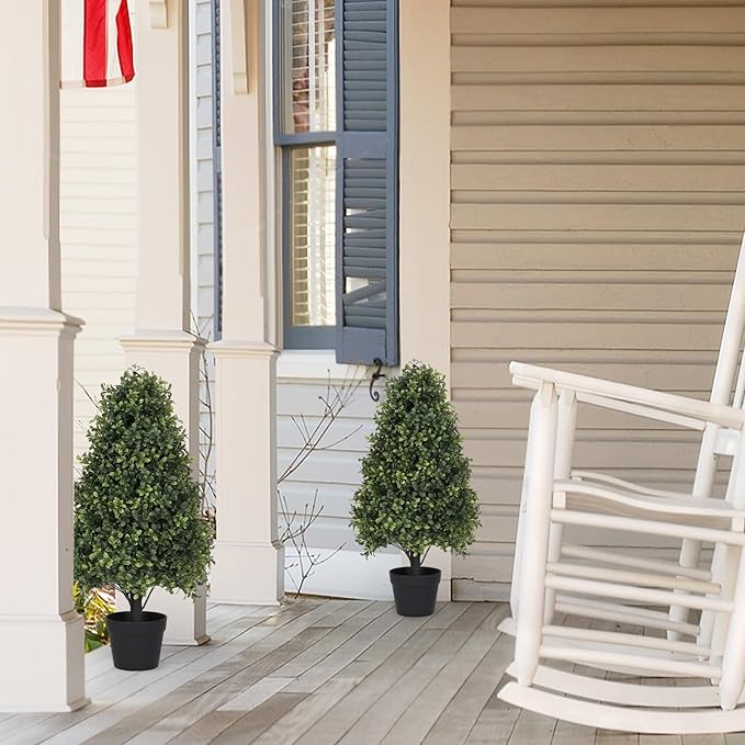 30" Boxwood Topiary Trees Artificial Outdoor Set of 2, UV Resistant Faux Plants for Front Porch Planters, Realistic Cone-Shaped Fake Bushes & Shrubs, 2.5ft Evergreen Decoration
