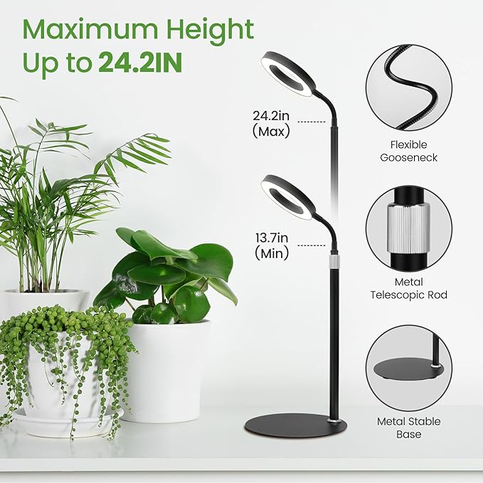 Grow Lights for Indoor Plants, Red Blue Yellow Full Spectrum Desktop Small LED Halo Plant Growing Lamps with Stand,Automatic Timer,24.2 inch Height Adjustable,10 Dimmable Levels,3 Lighting Modes,Black