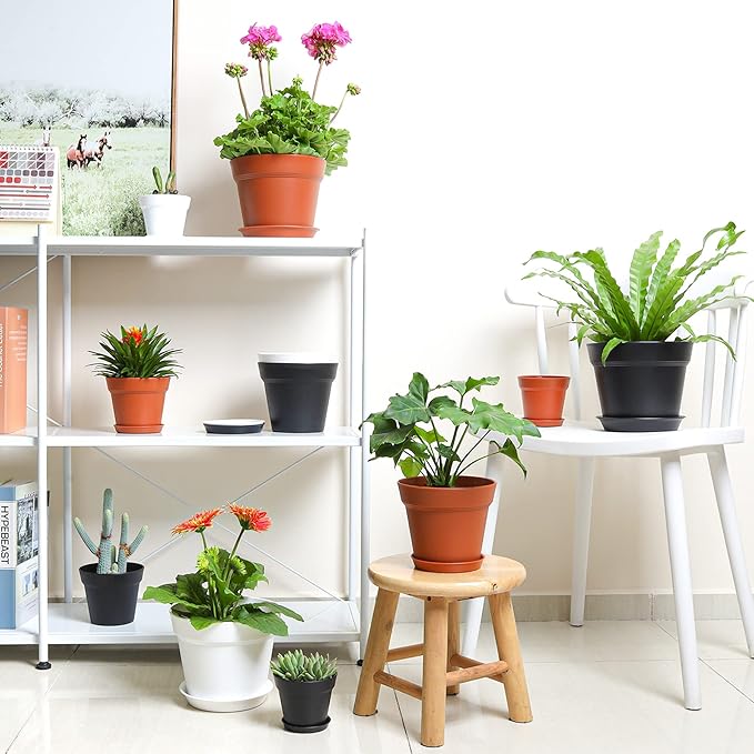 T4U 5 Inch Plastic Planters 18-Pack - Small Plant Pot with Drainage Hole and Saucer, Decorative Nursery Pot Bulk for African Violet, Snake Plant, Aloe and All House Plants Indoor (Black)