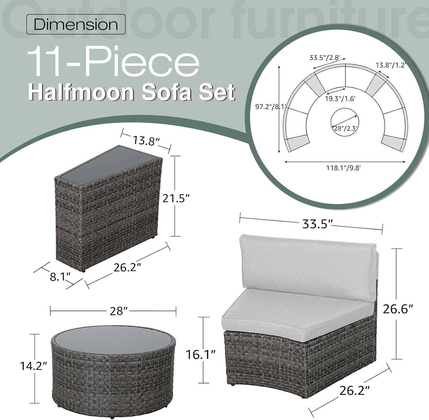 SUNSITT Outdoor Patio Furniture 11-Piece Half-Moon Sectional Round Patio Furniture Set Curved Outdoor Sofa with Tempered Glass Round Coffee Table, 4 Pillows, Grey Rattan & Light Grey Cushion