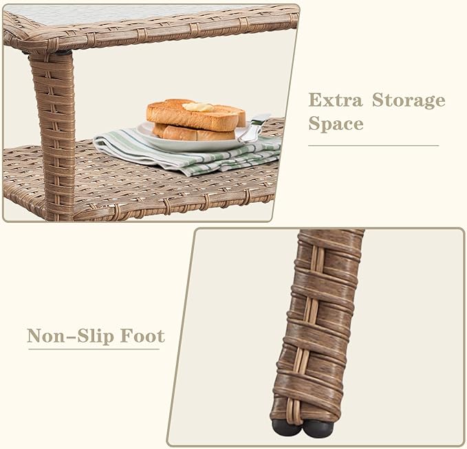 Wicker Outdoor Furniture Patio Furniture Set - 6 Piece Patio Conversation Set with Swivel Rocker Chairs, Rattan Sofa, Ottomans and Coffee Table, Blue Cushion